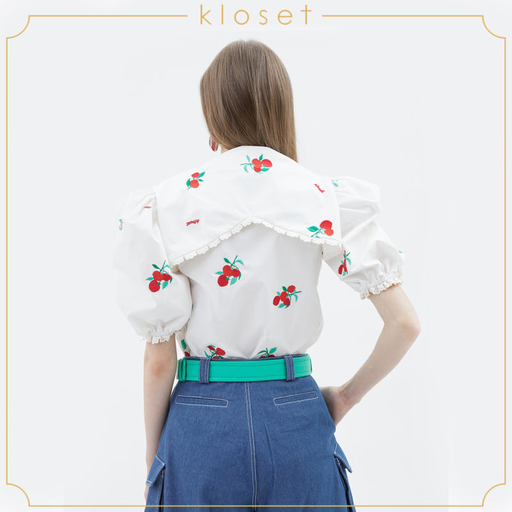 kloset-sweety-tomato-puff-sleeve-tip-pf21-t004-เสื้อตัวผ้าปัก-แขนพอง-ผ้าพิมพ์-แต่ลูกไม้บริเวณแขนเสื้อ