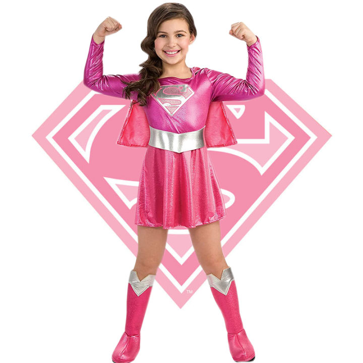 Kids Pink Supergirl Costume Girl Marvel Heroes Dress Sets With Boot 