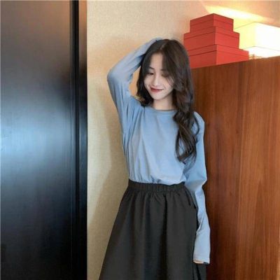 COD DSFDGDFFGHH F L❥( -)Long Sleeved T-shirt Womens Spring Autumn and Winter Solid Color New Korean Version Loose Round Neck Versatile Bottoming Shirt Top