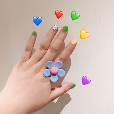 Colorful Flower Ring Childlike Cute Sweet Girly ins Summer Accessories Rainbow Bear Small Flower Ring Female