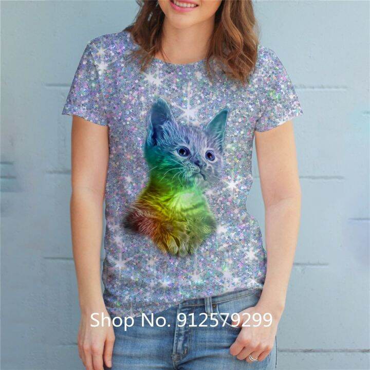 เสื้อยืดผู้หญิงแฟชั่นฮาราจูกุพิมพ์ลายแมวสัตว์เสื้อคอกลมแขนสั้นเสื้อยืดลำลองฤดูร้อน