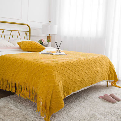 （HOT) ผ้าปูเตียงแนววินเทจ ins B & B Flag Cover Ho Apartment Decoration Net Red Diamond jacquard พู่ขายส่ง