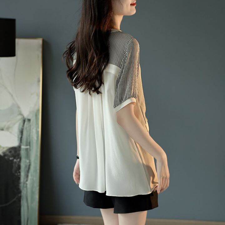 korean-style-womens-striped-stitching-t-shirt-new-design-round-neck-summer-short-sleeve-fashion-chiffon-shirt-trend