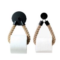 Bathroom Roll Tissue Roll Holder Matte Black Vintage Jute Rope Steel Paper Towel Ring Toilet Storage Rack Wall Mount Free Punch Toilet Roll Holders