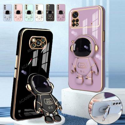 Pocox3 Astronaut Holder Luxury Plating Case On For Xiaomi Mi Poco X4 X3 M4 Pro 4g 5g X4pro Gt C40 F4 F3 M3 Silicone Stand Cover
