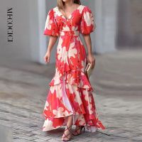 【YF】 MECOCICI Women Maxi Dresses Prom Summer Fashion Elegant V Neck Puff Sleeve Nipped Waist Printing Long Skirt Party Evening