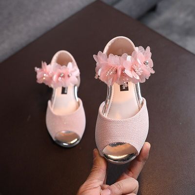 Childrens Sandals Girls Rhinestone Flower Fish Mouth Princess Little Girl Soft-soled Dance Shoes