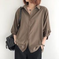 [Spot] New Lantern sleeve shirt Womens Korean-style mid-sleeve blouse loose large size thin three-quarter sleeve blouse 2023