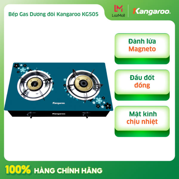Bếp gas dương đôi Kangaroo KG505 – Mặt kính chịu lực – Hệ thống đánh lửa Magneto