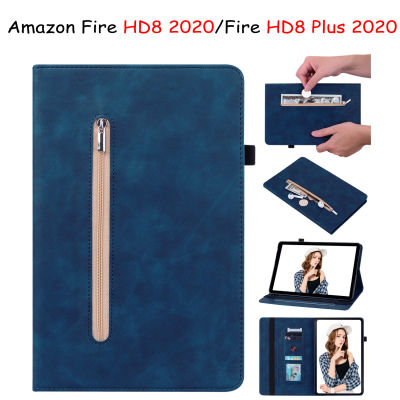 กรณีแท็บเล็ตสำหรับ Amazon Fire HD8 2020 / Fire HD8 Plus 2020กระเป๋าสตางค์ซิปหรูหราพลิกปกหนังธุรกิจคุณภาพสูง PU Mi Stand ปลอกเคสพร้อมฟังก์ชั่น Sleep/wake