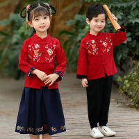 【CW】2Pcs Chinese New Year Costumes Traditional Kids Tang Suit Hanfu Spring Festival Clothing Cosplay Performance Clothes Pants Top