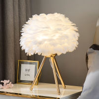 Feather LED โคมไฟตั้งโต๊ะพร้อมปุ่มกด Subdued Light ตกแต่งทองโต๊ะเตียง Night Light EU Plug