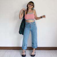 Bleble jean trousers กางเกงยีนส์เอวสูงห้าส่วนขาพับ ยีนส์ขายาวเอวสูง ยีนส์ขาพับสไตล์เกาหลี ยีนส์ขายาวมินิมอล