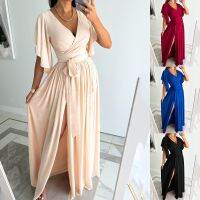 [COD] 2022 independent station wish autumn commuting solid trumpet sleeve V-neck floor mopping slit dress