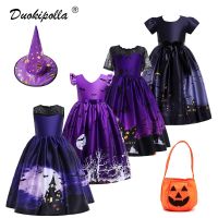 5-12Y Halloween Ghost Pumpkin Bat Black Dress Carnival Children Witch Costume Teen Girl Party Lace Shoulderless Long Dresses