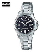 Velashop นาฬิกาข้อมือผู้หญิงคาสิโอ Casio สีเงิน/หน้าปัดดำ สายสแตนเลส รุ่น LTP-V004D-1B2UDF, LTP-V004D-1B2, LTP-V004D