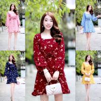 J10196 Dress เดรส ลายดอกไม้ แขนยาว อกสานเชือก Floral print dress, long sleeves, drawstring chest