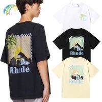 Moonlight Tropics Rhude เสื้อยืดผู้ชายผู้หญิงการพิมพ์โมเสคแฟชั่นหลวมสบายๆฤดูร้อน RHUDE สีดำสีขาว Apricot แขนสั้น