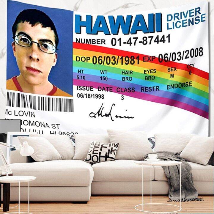 mclovin-id-flag-ใบขับขี่ปลอมพรมผนังลายธงติดผนังห้องหอพักเครื่องตกแต่งฝาผนังผ้าปูที่นอนพรมสำหรับห้องนอนตลก