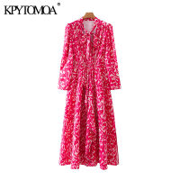 KPYTOMOA Women Fashion With Bow Tied Print Ruffled Midi Dress Vintage Long Sleeve Side Slit Female Dresses Vestidos