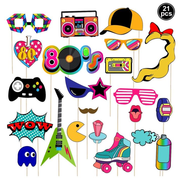 21pcs Back To The 80s Party Photobooth Props 80s Theme Retro Photo 