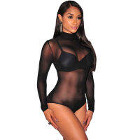 Rompers Womens Jumpsuit Sexy Lady Round Collar Long Sleeve Mesh Bodycon Bodysuit Slim Short Romper Black