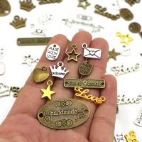 50Pcs Handmade Metal Labels Star Crown Love Hand Made Tags Silver Bronze Charm Pendant Handmade With Love Tags For Clothing Hats Stickers Labels