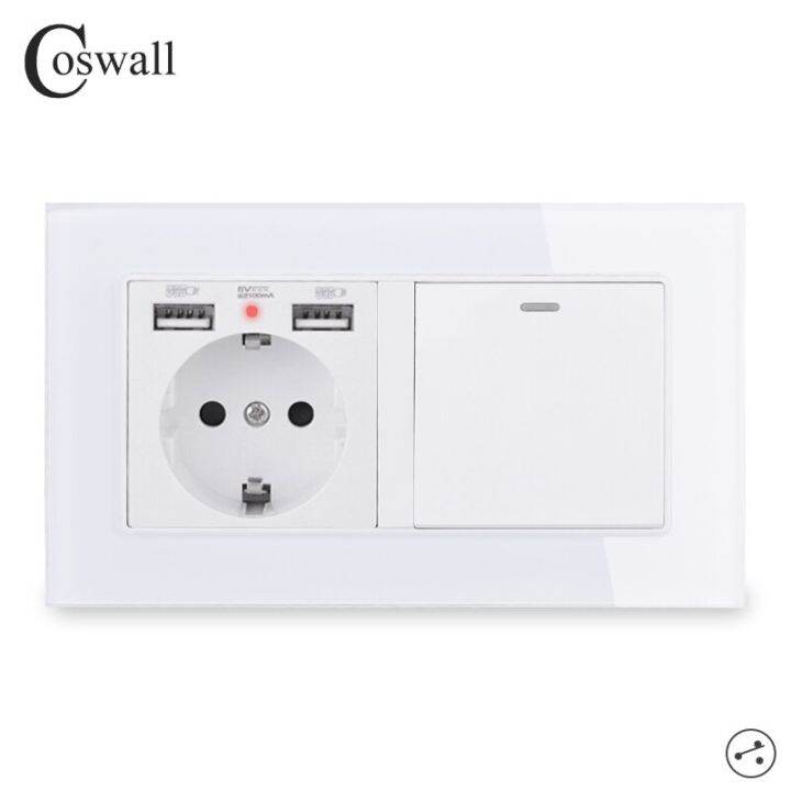COSWALL EU Wall Socket With 2 USB Charge Port + 1 Gang 2 Way On / Off ...