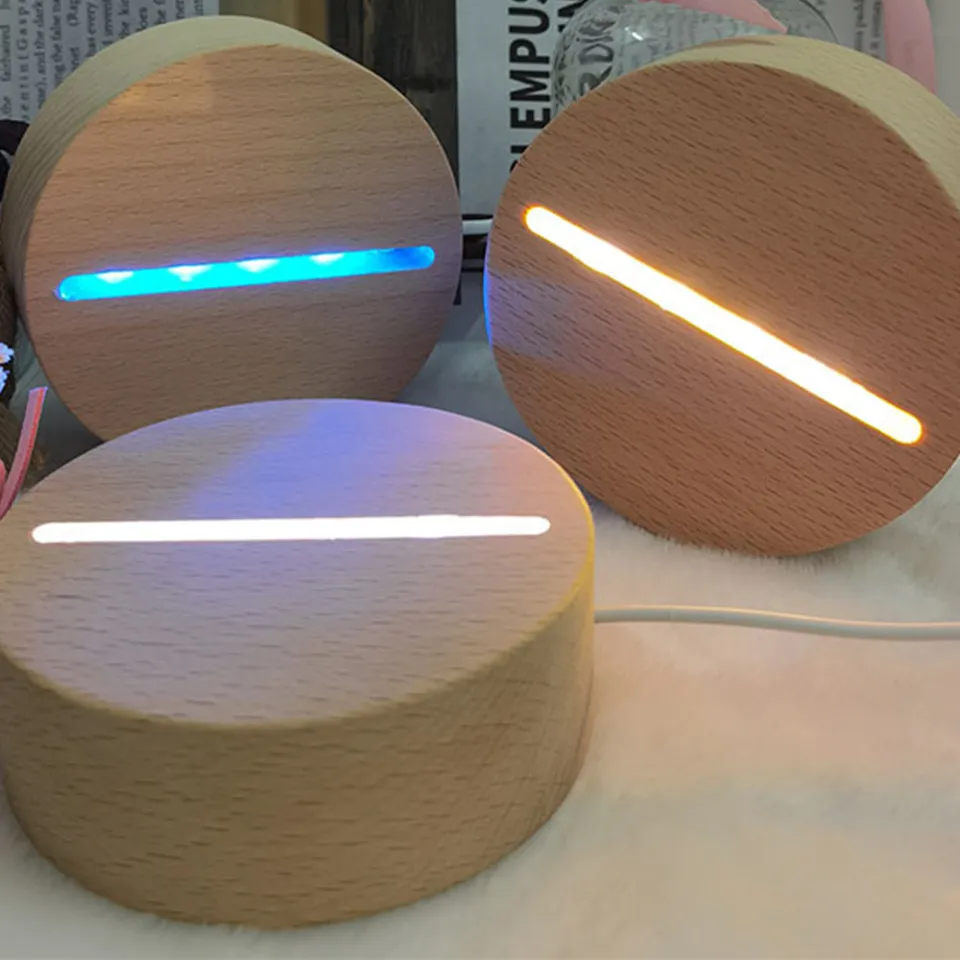 Round Led Wooden Base Led Table Lamp With Usb Switch Modern Night Light  Acrylic 3d Led Night Lamp Holder Assembled Base