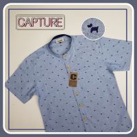 Capture Shirt เสื้อเชิ้ตผู้ชาย เชิ้ตแขนสั้น คอจีน ลายหมาเล็ก สีบลูยีนส์ มีถึงอก 48 นิ้ว