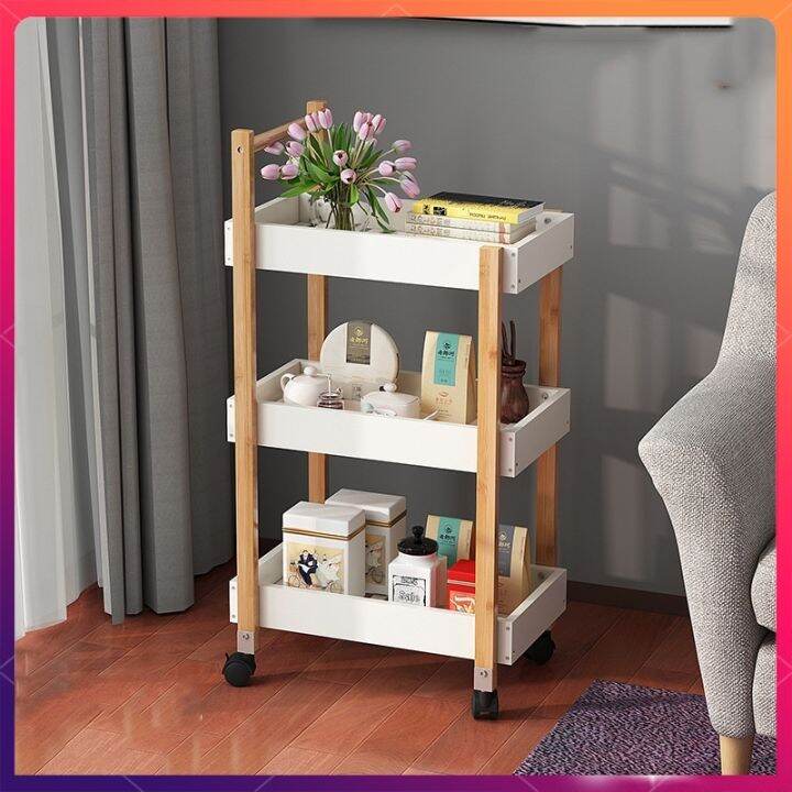 NN DIY Nordic 3Tier All Bamboo Wood 360 Trolley Utility Cart with