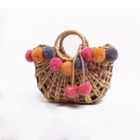 new semi-circular hollow straw bag colorful hair ball fairy woven bag shoulder portable ins super fire beach bag