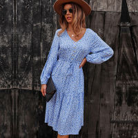 Elegant Autumn Winter Ladies Floral Print Long Chic Dress Women Casual 2022 New Holiday Style Lace Up Full Sleeve Button Dress