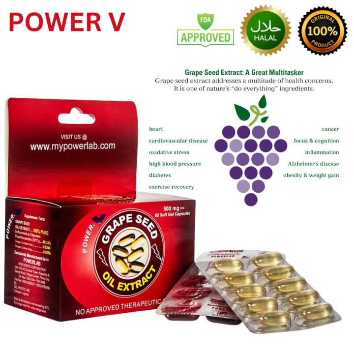 PowerLab PowerV Grape Seed Oil Extract 500mg / 60 Softgels per box