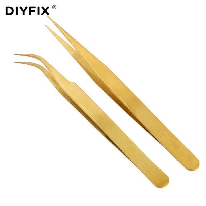 diyfix-2pcs-precision-tweezers-eyelash-extension-clips-curved-straight-tips-electroplating-forceps-fine-point-hand-tools-sets