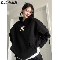 DUOHANZI เสื้อกันหนาวมีฮู้ดสีดำผู้หญิงหลวม