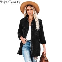 Women Solid Autumn Winter Turn-down Collar Jacket Loose Corduroy Button Shirt Long Sleeved Pockets Coat Tops