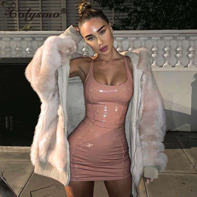 Colysmo Summer Dress 2020 Red Elastic PU Leather Dress Backless Women Party Bodycon Dress Sexy Club Wear Robe Femme Neon Dresses