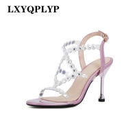 Crystal stiletto high heels spring 2022 new one-word belt womens shoes rhinestone transparent medium-heel sandals for women