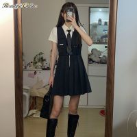 [Two-Piece Suit] Preppy Style Slimmer Look All-Match Suspender Dress+All-Match White Short-Sleeved Shirt Summer Girl