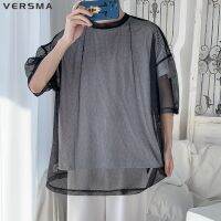 VERSMA Japanese Trendy Mesh Sexy Transparent Tshirt Men Women Summer Vintage Short Sleeve BF Oversized T-shirt Male Dropshipping