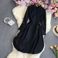 Fitaylor New Spring Autumn Women Casual Polo Neck Single Breasted Shirts Dress Lady Solid Color High Waist A-line Long Dress