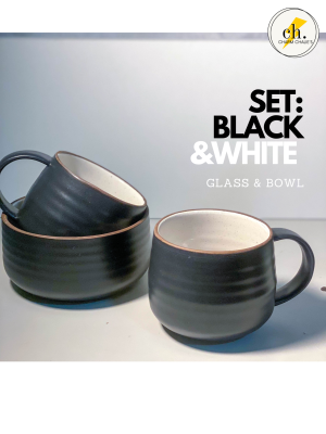 Ceramic bowl &amp; Glass set - ชุดชามเซรามิค แก้วเซรามิค ชุดชามและแก้ว ถ้วยเซรามิค ขาวดำ มินิมอล เข้าไมโครเวฟได้ พร้อมส่ง