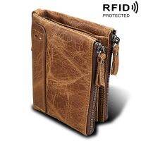 Genuine Cow Leather RFID Men Wallets Double Zipper Short Purses Card Holder Coin Pocket Vintage High Quality Brand Male Wallets