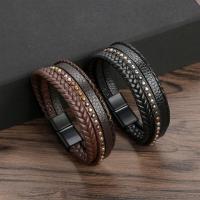 Jiayiqi Trendy Mens Bracelet Punk Multilayer Leather Bracelet Stainless Steel Magnet Buckle Rivet Leather Rope Weave Bangle Charms and Charm Bracelet