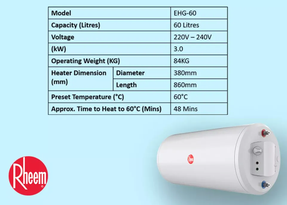 Rheem water heater EHG 60 Storage Heater | EHG-60 | 60L Local warranty |  ehg60 | Free delivery | | Lazada Singapore
