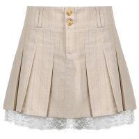 bettingyou ʚ ɞ Women Vintage Khaki Mini Pleated Skirt Harajuku Preppy Style Striped Buttons Zipper Double Layer Lace Tri