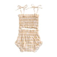 0-24M Newborn Girls Two-Piece Outfits Plaid Pattern Tie-Up Spaghetti Strap Pleated Crop Tops + Ruffled Short Pants Clothes Set  by Hs2023