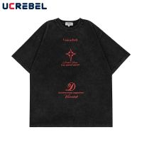 High Street Letter Print Short Sleeve T-shirt Mens Summer Washed Distressed Oversized Cotton Tee Streetwear Casual Dome Top Men XS-4XL-5XL-6XL