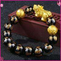 ยางยืดหยุ่นHandmade Lucky Blessing Amulet Goldenสร้อยข้อมือปี่เซี้ยสีดำกำไลข้อมือออบซิเดียนObsidianกำไลข้อมือลูกปัดสีดำสายรัดข้อมือ